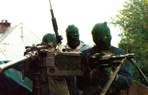 An Active Service Unit (ASU) of the Irish Republican Army armed with vehicle-mounted heavy and general-purpose machine guns, British Occupied North of Ireland, c.1980s