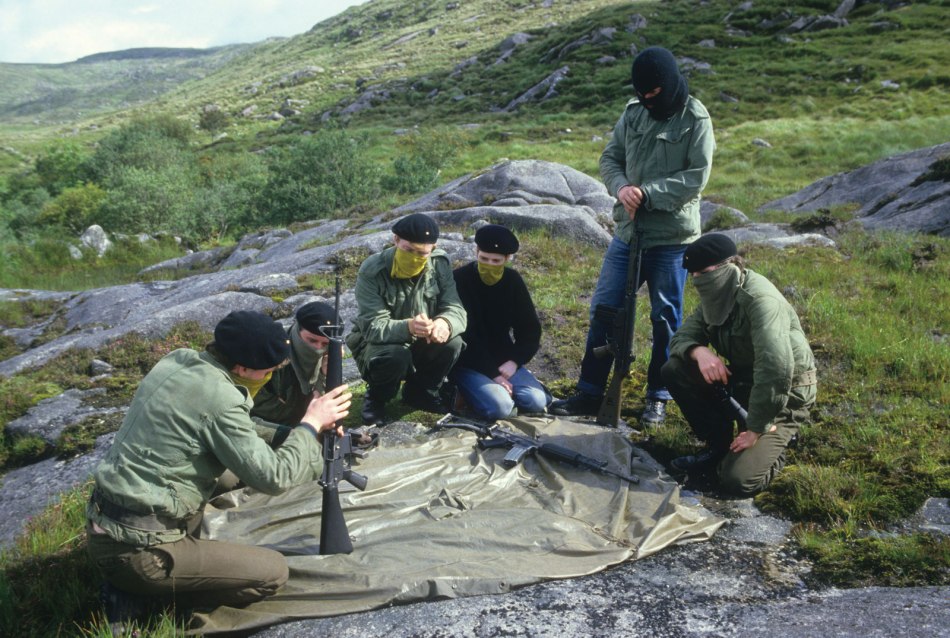 An Active Service Unit (ASU) of the Irish Republican Army receiving arms training at a mountain camp in Co. Donegal, Ireland, c.1980s