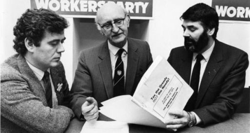 Éamon Gilmore and Proinsias de Rossa flank their then Workers Party boss, Tomas Mac Giolla, a former leader of the Official IRA, 1987