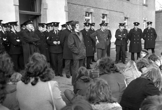 Gardaí confront protesting students led by Éamon Gilmore, a member of the UCG Republican Party, a grouping linked to Official Sinn Féin, the political wing of the Official IRA, 1974