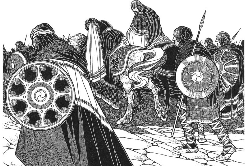 Maev's second meeting with Fergus, illustration from The Táin by Mary Hutton, 1924