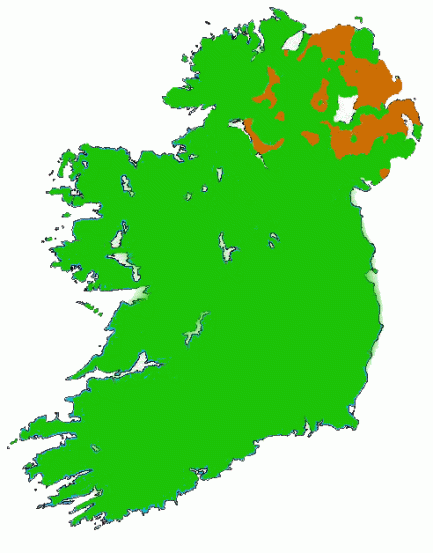 The "true" Northern Ireland? The colour Orange indicates those regions with 50%+ Unionist populations or communities. The colour Green indicates those regions with 50%+ Nationalist populations or communities