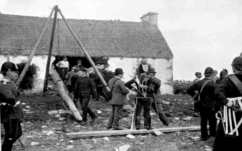 TThe RIC and British troops forcing Irish family from their home during the Land War (collective punishment in effect), 1898 The RIC and British troops forcing Irish family from their home during the Land War (collective punishment in effect), 1898