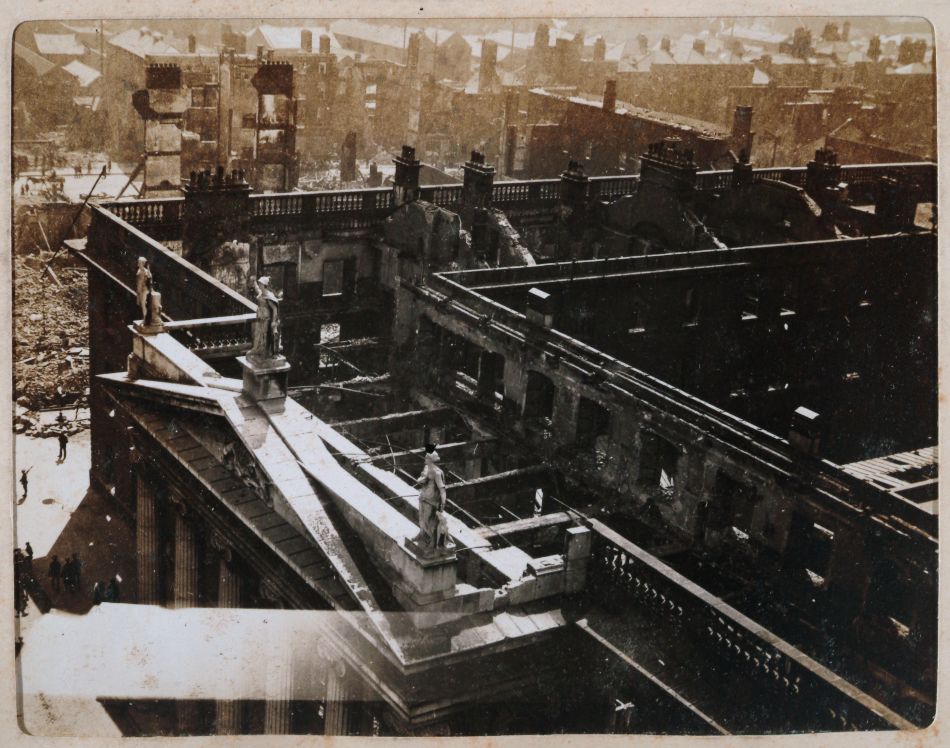 Aftermath of the Easter Rising, the General Post Office, seat of the Provisional Government, from Nelson's Pillar, Dublin, Ireland, May 18 1916