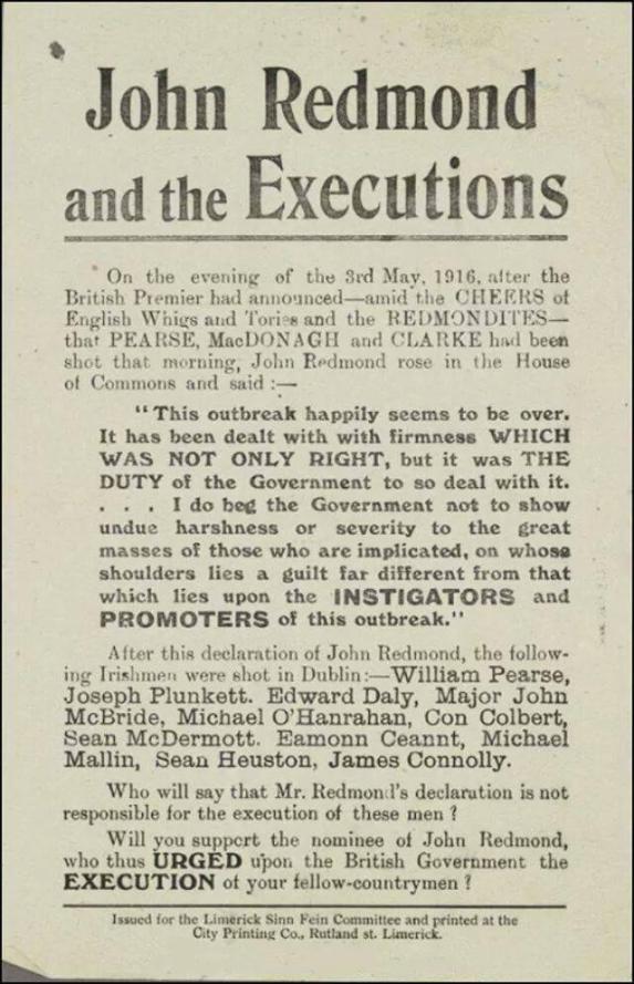 Sinn Féin election poster highlighting the defence by IPP leader John Redmond MP of the British executions of the leaders of the Easter Rising of 1916