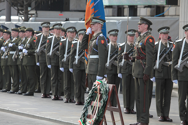 An Gal Gréine, the Irish Sunburst flag, at the 1916 Easter Rising Commemoration and Wreath Laying at the GPO, Dublin, 2010
