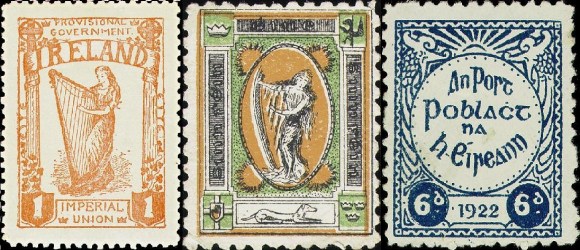 Early Irish stamps two of which feature the Irish or Fenian Sunburst motif, 1922
