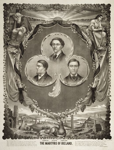 A commemorative card of the Manchester Martyrs with the Irish or Fenian Sunburst symbol featured as a rising sun above the horizon