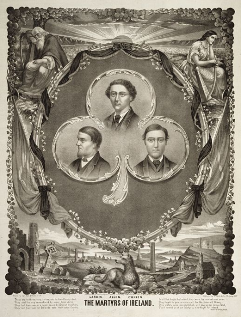 A commemorative card of the Manchester Martyrs with the Irish or Fenian Sunburst symbol featured as a rising sun above the horizon