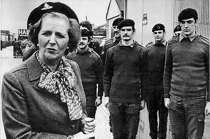 Margaret Thatcher touring the British Occupied North of Ireland in 1981 wearing a beret of the UDR, an infamous British Army militia responsible for scores of terrorist attacks during the 1970s, '80s and '90s
