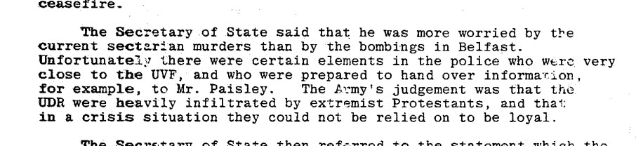 The British government acknowledges the infiltration of the RUC and the UDR by the British terror factions in Ireland, London, 1975