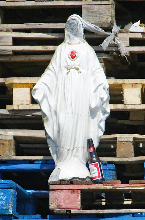 A Roman Catholic religious icon defaced and ready for burning by British Unionists, Belfast, Ireland 2013