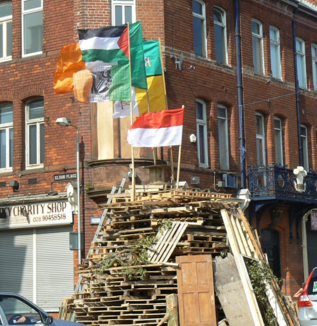 Irish, Polish, Palestinian and Vatican flags ready to be burned by British Unionists, Belfast, Ireland 2013