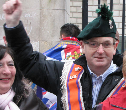 Willie Frazer - militant Unionist leader in Ireland sporting his Orange Order sash and UDR British Army militia beret