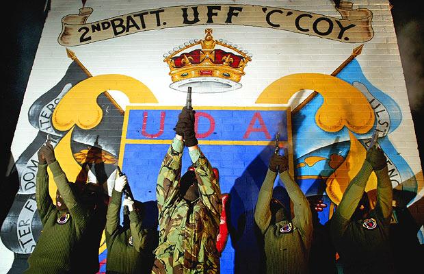 Gunmen of the UDA-UFF, a legal British terrorist faction in Ireland, pose for the cameras