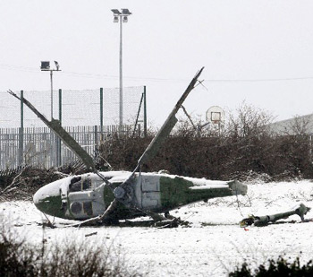 British military helicopter brought down by ground-fire from an Active Service Unit of the Irish Republican Army, British Occupied North of Ireland, 1990s British military helicopter brought down by ground-fire from an Active Service Unit of the Irish Republican Army, British Occupied North of Ireland, 1990s