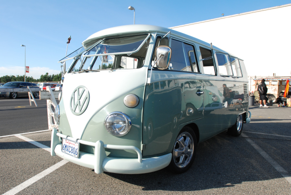 Pale green and off white colored type 2_ 3/4 front view with reflections__OCTO Winter meet_Long Beach , CA_February 8, 2014