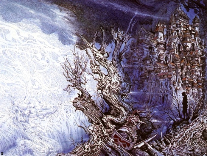 Wraparound cover illustration for Michael Scott Rohan’s Ice Age-set Fantasy novel “The Forge in the Forest””, drawn by Ian Miller