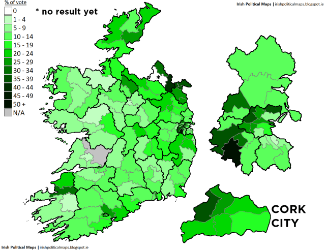 First preference votes for Sinn Féin in the 2014 local elections, divided by Local Electoral Areas.