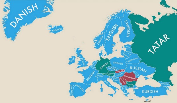 Map showing the second most spoken languages in Europe by nation state, revealing historic regions of invasion, colonisation and modern immigration, 2014