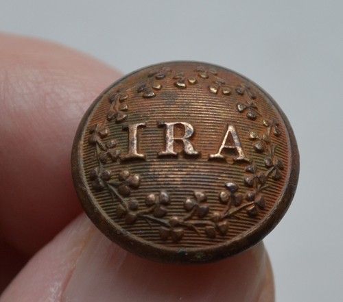 Brass button from the uniform a Fenian volunteer inscribed with the letters IRA or Irish Republican Army, Canada, 1870