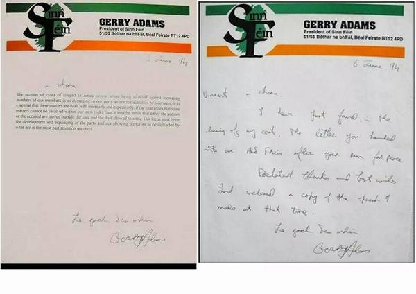The fake 1994 Gerry Adam's letter posted online by anti-republican activists alongside the original version