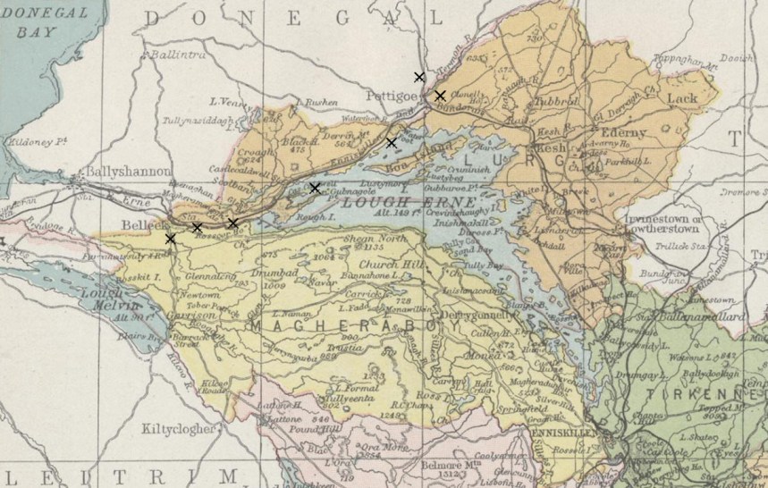Detail of map, 1900, showing county Fermanagh, with the 1922 battlesites around Belleek and Pettigo added
