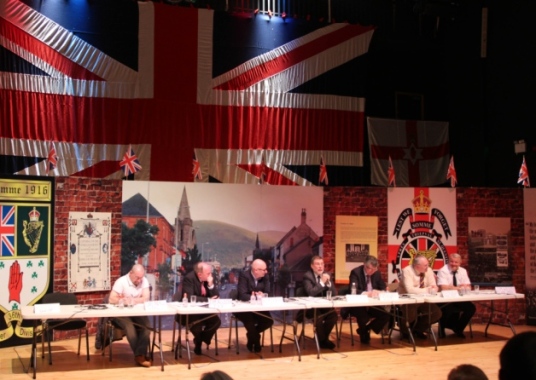 British unionist politicians and militants sit together