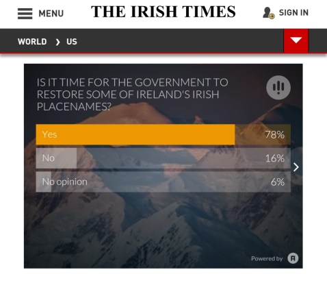 The results of an Irish Times poll on the question of restoring Irish language placenames in Ireland