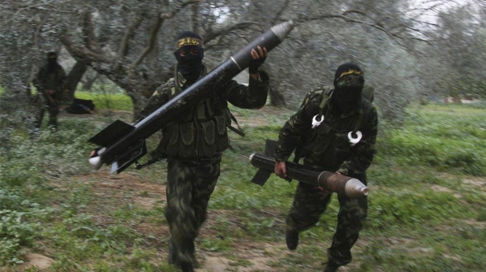 Examples of the man-portable Qassam range of artillery rockets developed by the Izz ad-Din al-Qassam Brigades, the military wing of Hamas 