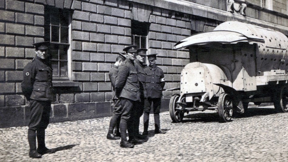 An improvised armoured personnel carrier of the British Army during the revolutionary Easter Rising, informally known as a “boiler” or Daimler-Guinness APC, Dublin, Ireland, 1916