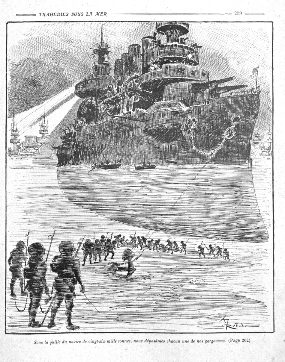 La Guerre Infernale by Pierre Giffard and Albert Robida, 1908, battleships and submariners